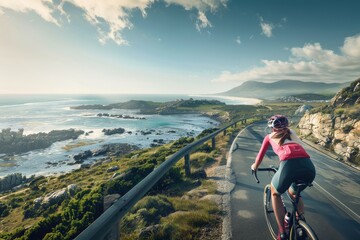 A woman cyclist rides on a coastal road with ocean views. Rocky cliffs and sandy beach visible in the distance. She wears a pink jersey and helmet