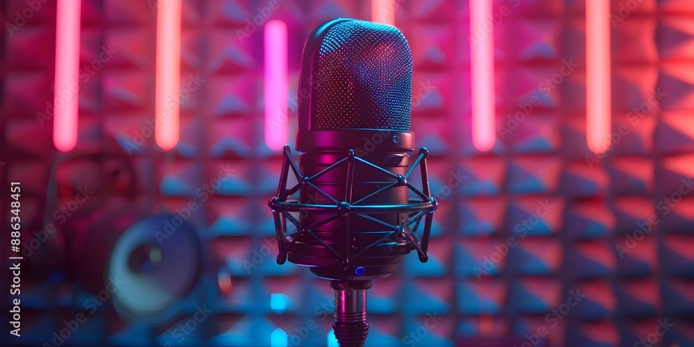 Poster high end neon microphone with abstract sound waves for professional audio setup