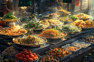 Numerous bowls of various cuisines are showcased at a bustling food stall, Depict a melting pot of different cuisines and ingredients coming together in a vibrant food market