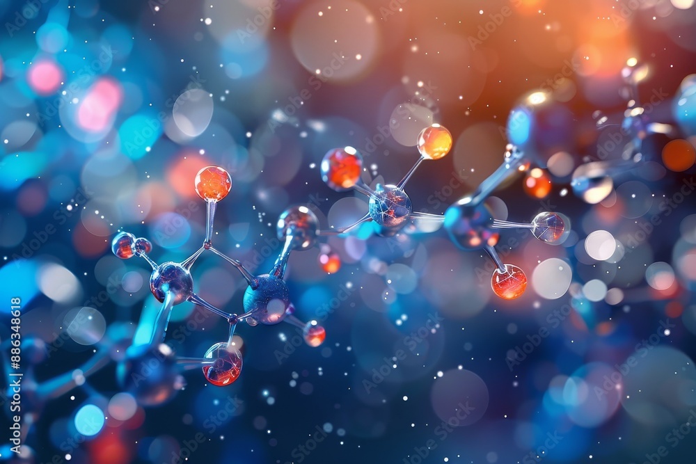 Poster detailed view of a molecule against a blue backdrop, showcasing nanoscale particles, depict a micros