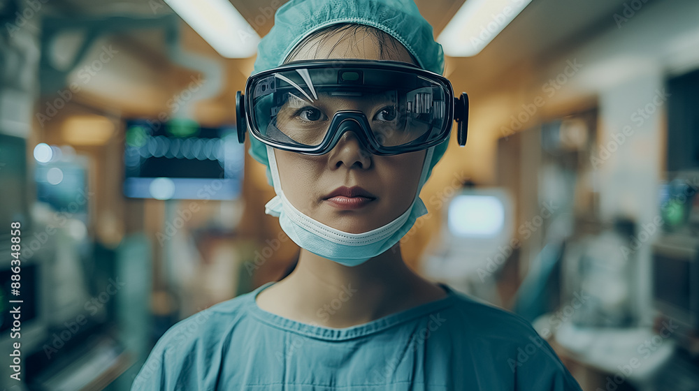 Poster medical professional using smart glasses for augmented reality surgery, realistic 3d models and digi