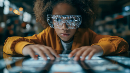 Students using augmented reality tablets in a classroom, exploring interactive educational content with digital elements overlaying real-world objects, innovative learning environment.