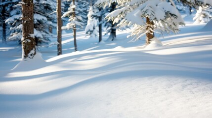 Obraz premium A tranquil forest blanketed in snow, with sunlight casting long shadows across the snowy ground, creating a peaceful and serene atmosphere.