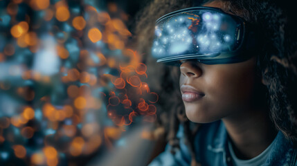 Students using VR headsets in a classroom, exploring interactive educational content with digital elements overlaying real-world objects, innovative learning environment.