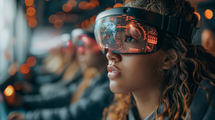 Students using VR headsets in a classroom, exploring interactive educational content with digital elements overlaying real-world objects, innovative learning environment.
