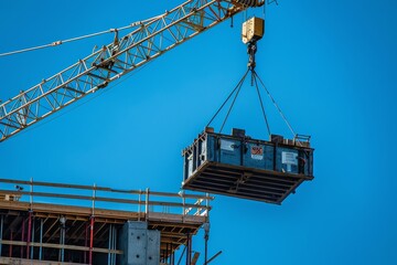 A construction crane lifts a large, flat, metallic structure over a newly built floor of a building under construction
