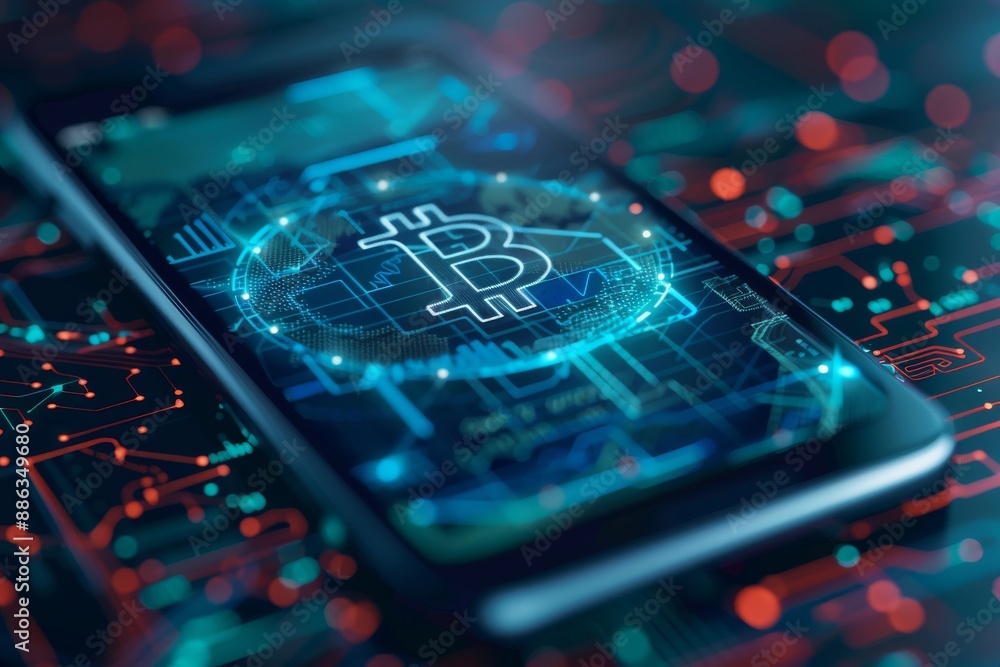 Poster A closeup of a smartphone screen displaying a futuristic digital wallet app with a Bitcoin symbol in the center, surrounded by a glowing circle of digital data