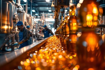Brewery workers meticulously inspect a batch of golden brew as it moves along a conveyor belt