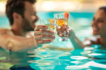 A young couple enjoys a refreshing summer vacation, toasting their drinks in a sparkling hotel pool