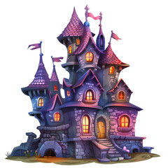 Fototapeta premium Colorful whimsical castle with glowing windows, featuring multiple turrets and charming architecture, perfect for fantasy-themed designs.