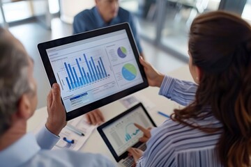 A diverse team of business professionals collaborates on a financial strategy, analyzing charts and graphs on a tablet and laptop