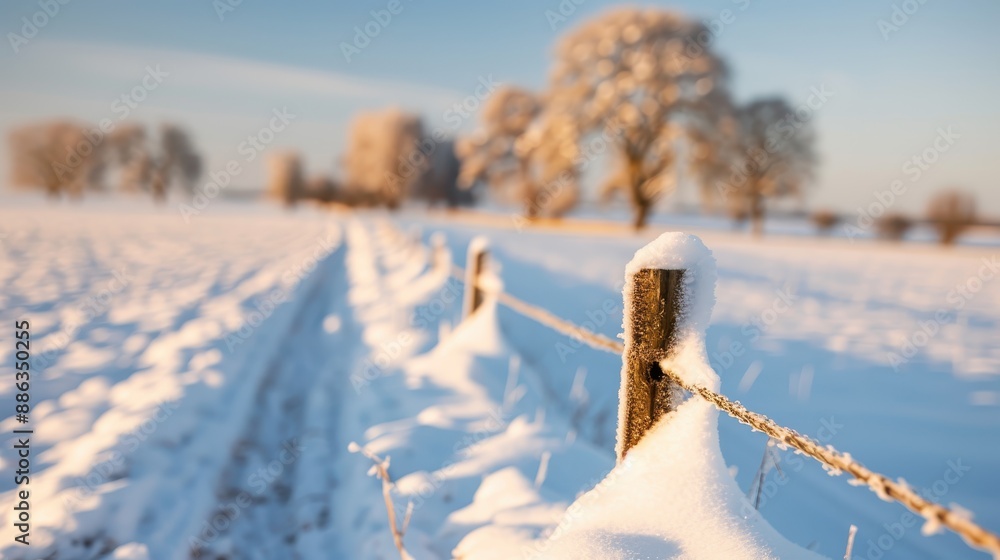 Poster a peaceful winter scene showing a sunlit path bordered by fence posts covered in snow, leading into 