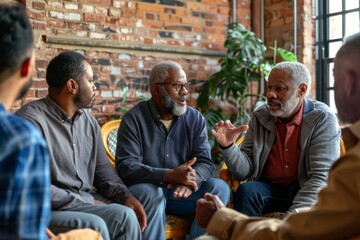 A group of men of different ages and backgrounds sit in a circle, engaged in a lively and supportive discussion. They are gathered in a cozy indoor space, likely a home or community center