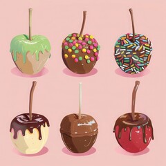 Playful Candy Apples with Various Coatings on a Pastel Pink Background