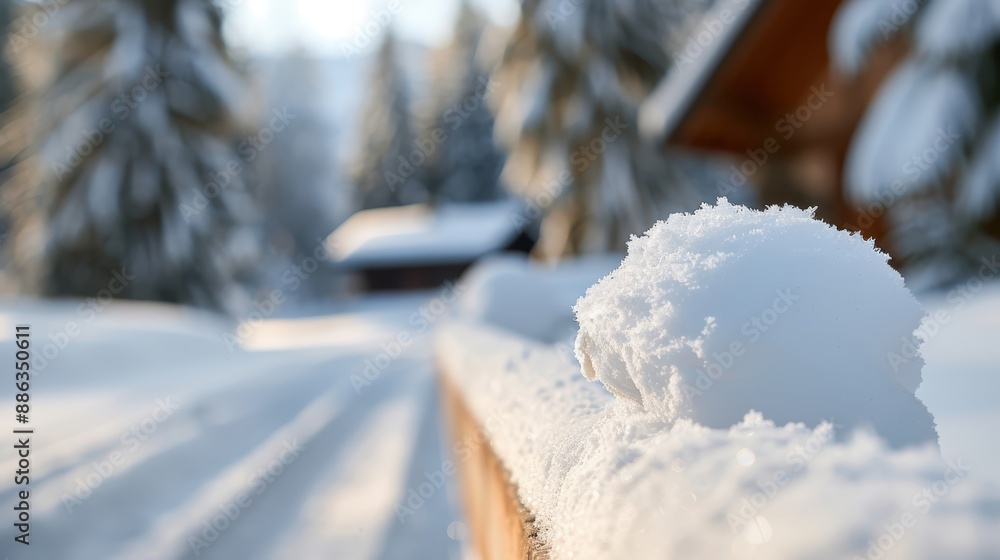 Poster a close-up view of a wooden railing with a thick layer of snow on top, set against a blurred backgro
