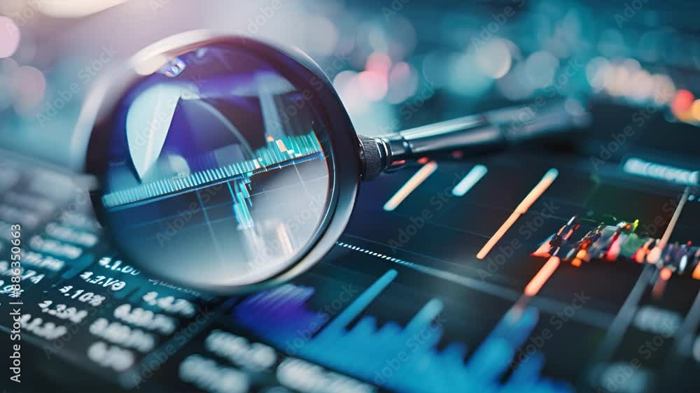 Poster market chart and stock market data viewed through a magnifying glass. generative ai