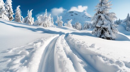 Obraz premium A breathtaking view of a pristine snow-covered landscape featuring groomed ski trails and majestic mountains in the background under a clear blue sky, perfect for winter sports enthusiasts.