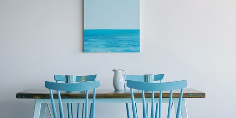 Blue chairs and wooden table with vase and cups, set against backdrop of ocean painting. Concept Blue Chairs, Wooden Table, Vase, Cups, Ocean Painting