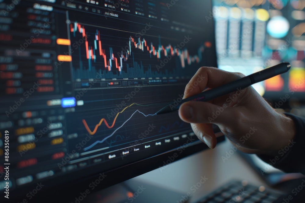 Aufkleber a hand using a stylus to navigate and analyze real-time stock market data displayed on a computer sc