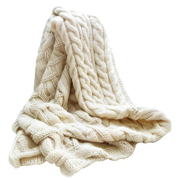 Cozy knitted blanket in soft white color, perfect for adding warmth and texture to any living space. Idea for home decor and comfort.
