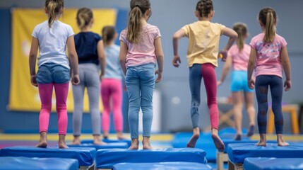 A group of young girls in colorful sportswear stand on blue mats in a brightly lit indoor training facility. 