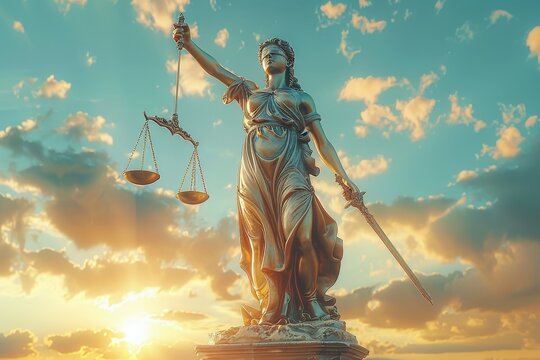 A bronze statue of Lady Justice holding scales and a sword stands prominently against a backdrop of a dramatic sky with clouds, symbolizing justice and law.