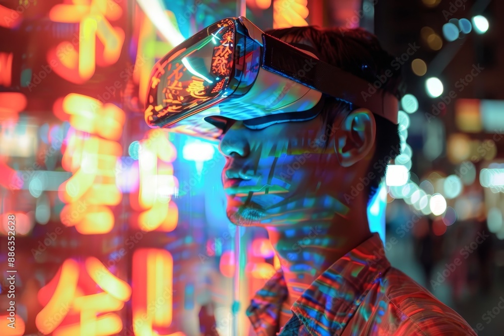Poster a man is wearing a virtual reality headset while standing in front of a vibrant neon sign, depict th