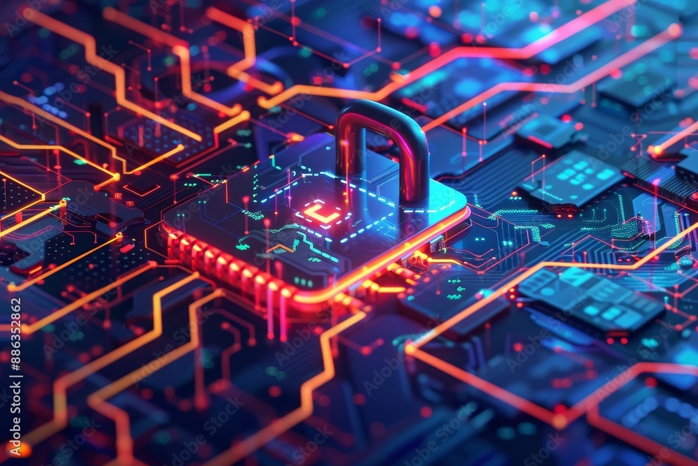 Poster a detailed circuit board with a padlock attached, symbolizing data encryption and security measures,