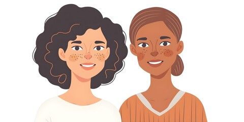 Obraz premium Illustration of two characters with vitiligo in a cartoon style on a white background. Concept Cartoon Illustration, Vitiligo Representation, Diverse Characters, Inclusive Artwork, White Background