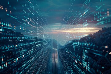 A futuristic city illuminated by digital code, showcasing the integration of technology and urban landscapes, Depict the concept of encryption in a digital landscape