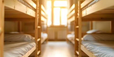 Fototapeta premium Cozy Dormitory with Bunk Beds in a Neat Small Hostel Room. Concept Small Hostel Room, Bunk Beds, Cozy Dormitory, Neat Interior, Space-Saving Furniture