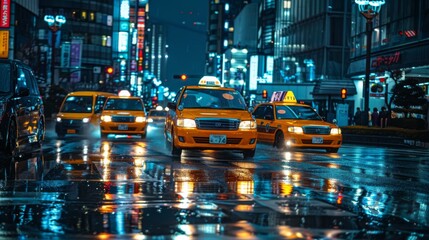 A Symphony of Yellow: Taxis Navigating a Neon-Drenched City Under a Rainy Night Sky