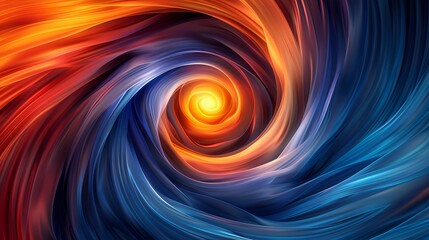 Abstract swirling blue and orange design with bright light.