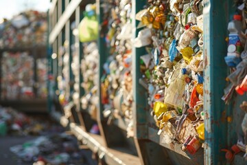 Plastic bottles scattered on the side of a passing train, depicting the cycle of waste being collected and sorted, Depict the cycle of waste being collected, sorted, and repurposed