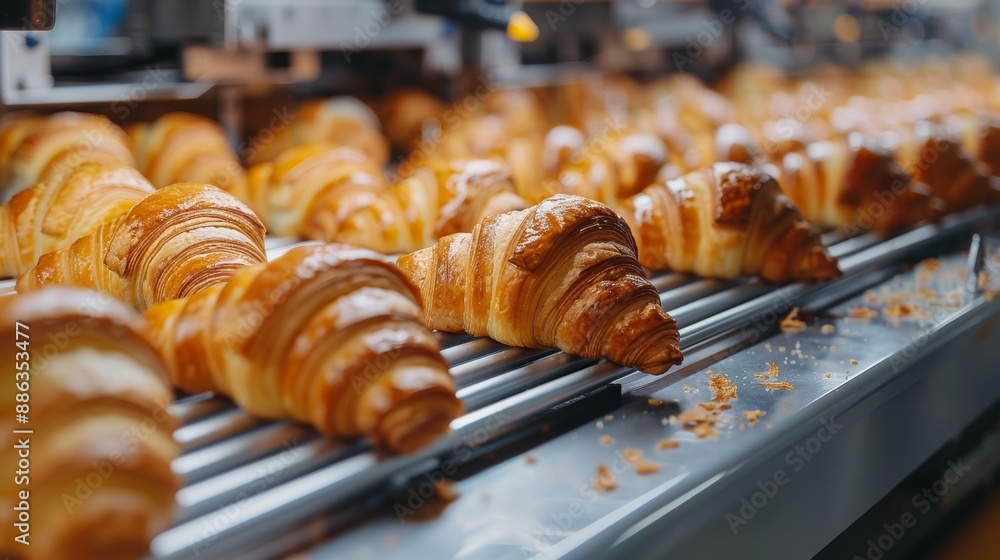 Poster bakery automation, bakery uses advanced machine to shape pastry, ensuring consistent croissant quali