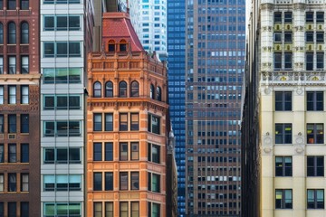 Fototapeta premium A line of tall buildings standing side by side in an urban setting, Depict the diversity of architectural styles that define Chicago's unique skyline