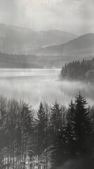 Vintage black and white misty forest lake and mountain wilderness