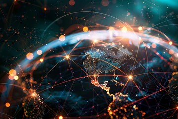 A globe surrounded by a complex network of lines, symbolizing global connectivity and interdependence, Depict the global economy as a network of interconnected nodes and lines