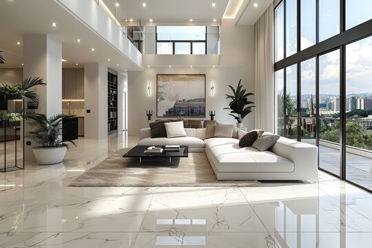 A spacious modern living room featuring large windows showcasing a stunning city view, sleek furniture, and elegant decor blending comfort with contemporary style.