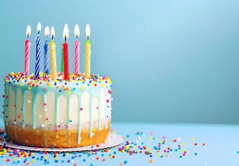 Birthday Cake with Colorful Candles and Sprinkles