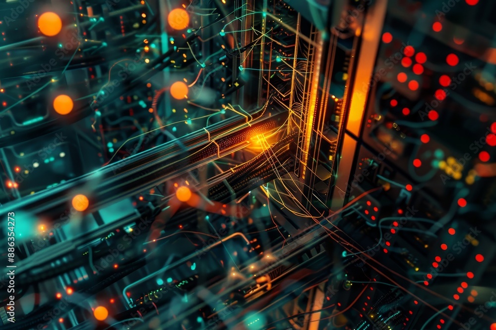 Poster detailed shot showing a computer system with a dense network of wires and cables, depict the interco