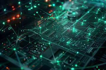 Detailed view of interconnected electronic components and circuits on a circuit board, Depict the interconnectedness of NAS systems in a visually stunning and innovative way