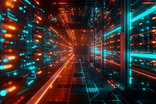 Computer server room illuminated by neon lights showcasing interconnected NAS systems, Depict the interconnectedness of NAS systems in a visually stunning and innovative way
