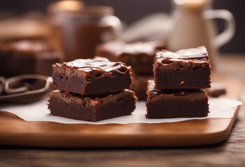 classic american brownies with a fudgy center, served on a wooden board
