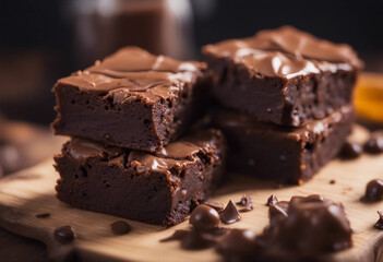 classic american brownies with a fudgy center, served on a wooden board
