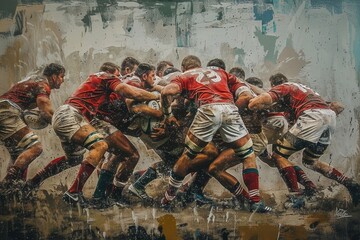 A vibrant painting capturing the raw energy and intensity of rugby players engaged in a dynamic scrum, Depict the raw energy and intensity of a scrum