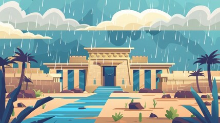 Fototapeta premium Exodus : Biblical Illustration: Pharaoh's Palace Under Hail During the Seventh Plague, Exodus Scene, Flat Design, Detailed Religious Artwork for Faith Education and Teachings