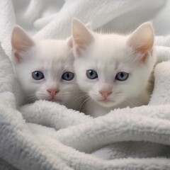 Obraz premium Two White Kittens Snuggle In A Plush Blanket