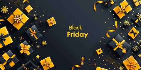 BLACK FRIDAY sale banner adorned with gift boxes against a Black Friday-themed background. Illustration showcasing gifts and deals in a black and yellow color scheme