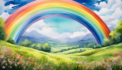Whimsical watercolor painting of rainbow arching over lush green meadow. Natural landscape.